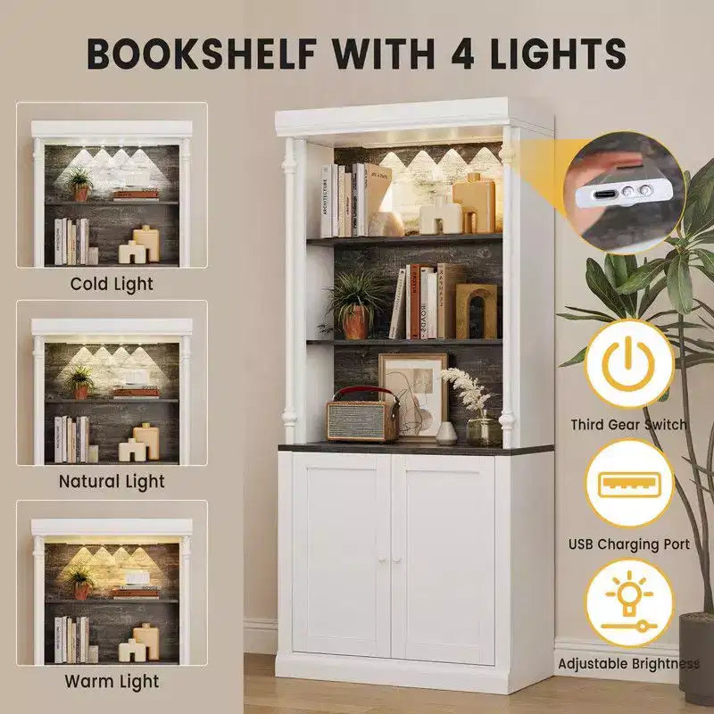 Coolmee Étagère bibliothèque haute réglable à 5 niveaux, Bibliothèque colonne romaine avec lumière LED, Étagères ouvertes et Armoire de rangement à double porte pour bureau à domicile