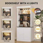 Coolmee Étagère bibliothèque haute réglable à 5 niveaux, Bibliothèque colonne romaine avec lumière LED, Étagères ouvertes et Armoire de rangement à double porte pour bureau à domicile