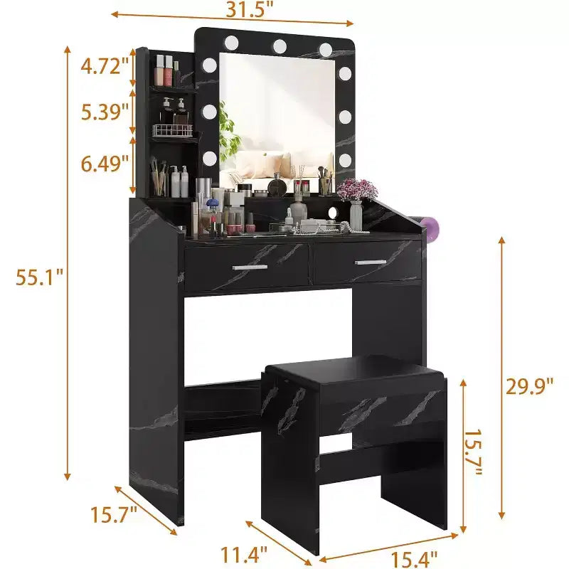 COZONY Coiffeuse de maquillage avec miroir et lumières, Table de coiffeuse avec tiroirs, Étagères ouvertes et Tabouret rembourré, Coiffeuse moderne avec grand rangement