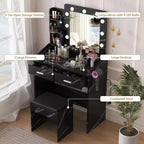 COZONY Coiffeuse de maquillage avec miroir et lumières, Table de coiffeuse avec tiroirs, Étagères ouvertes et Tabouret rembourré, Coiffeuse moderne avec grand rangement