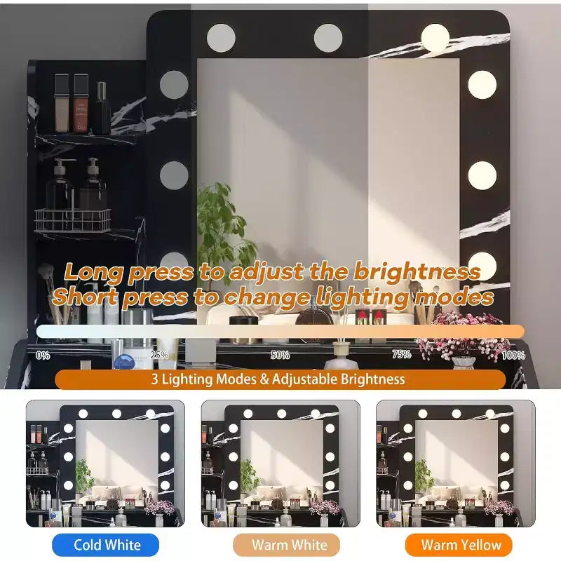 COZONY Coiffeuse de maquillage avec miroir et lumières, Table de coiffeuse avec tiroirs, Étagères ouvertes et Tabouret rembourré, Coiffeuse moderne avec grand rangement