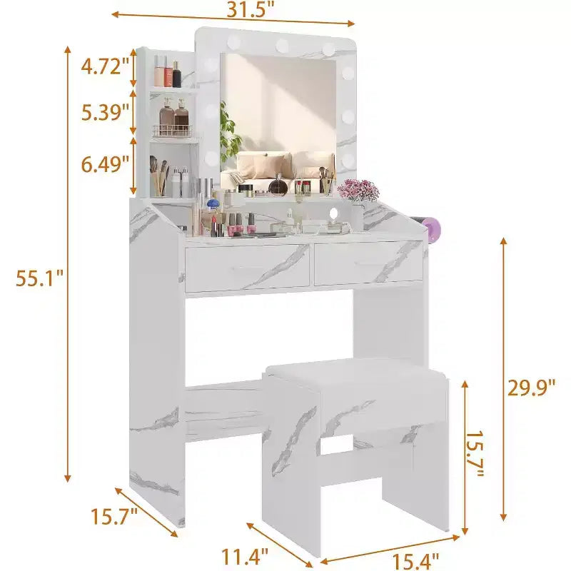 COZONY Coiffeuse de maquillage avec miroir et lumières, Table de coiffeuse avec tiroirs, Étagères ouvertes et Tabouret rembourré, Coiffeuse moderne avec grand rangement