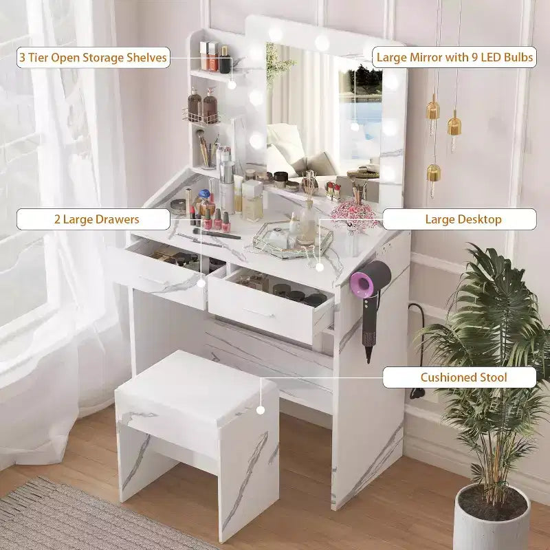 COZONY Coiffeuse de maquillage avec miroir et lumières, Table de coiffeuse avec tiroirs, Étagères ouvertes et Tabouret rembourré, Coiffeuse moderne avec grand rangement