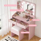 COZONY Coiffeuse de maquillage avec miroir et lumières, Table de coiffeuse avec tiroirs, Étagères ouvertes et Tabouret rembourré, Coiffeuse moderne avec grand rangement