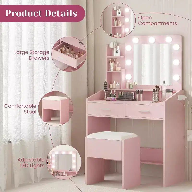 COZONY Coiffeuse de maquillage avec miroir et lumières, Table de coiffeuse avec tiroirs, Étagères ouvertes et Tabouret rembourré, Coiffeuse moderne avec grand rangement