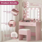 COZONY Coiffeuse de maquillage avec miroir et lumières, Table de coiffeuse avec tiroirs, Étagères ouvertes et Tabouret rembourré, Coiffeuse moderne avec grand rangement