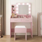 COZONY Coiffeuse de maquillage avec miroir et lumières, Table de coiffeuse avec tiroirs, Étagères ouvertes et Tabouret rembourré, Coiffeuse moderne avec grand rangement