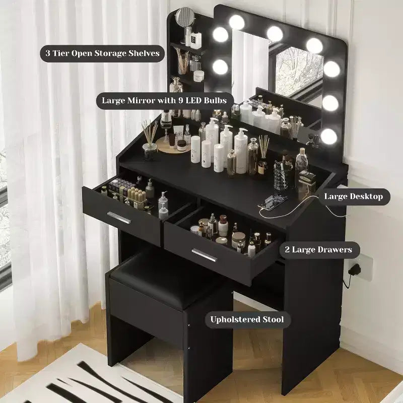COZONY Coiffeuse de maquillage avec miroir et lumières, Table de coiffeuse avec tiroirs, Étagères ouvertes et Tabouret rembourré, Coiffeuse moderne avec grand rangement