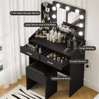 COZONY Coiffeuse de maquillage avec miroir et lumières, Table de coiffeuse avec tiroirs, Étagères ouvertes et Tabouret rembourré, Coiffeuse moderne avec grand rangement