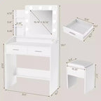 COZONY Coiffeuse de maquillage avec miroir et lumières, Table de coiffeuse avec tiroirs, Étagères ouvertes et Tabouret rembourré, Coiffeuse moderne avec grand rangement
