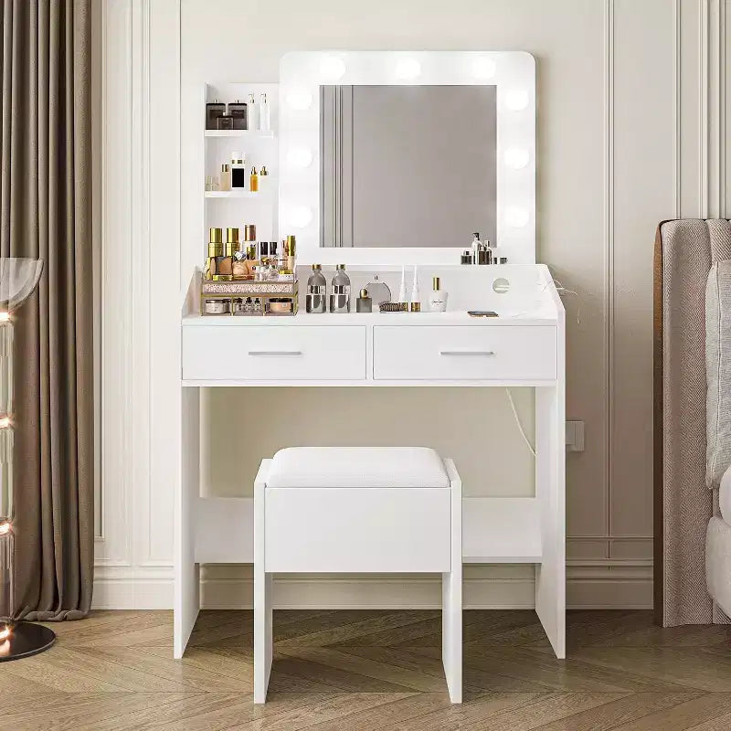 COZONY Coiffeuse de maquillage avec miroir et lumières, Table de coiffeuse avec tiroirs, Étagères ouvertes et Tabouret rembourré, Coiffeuse moderne avec grand rangement