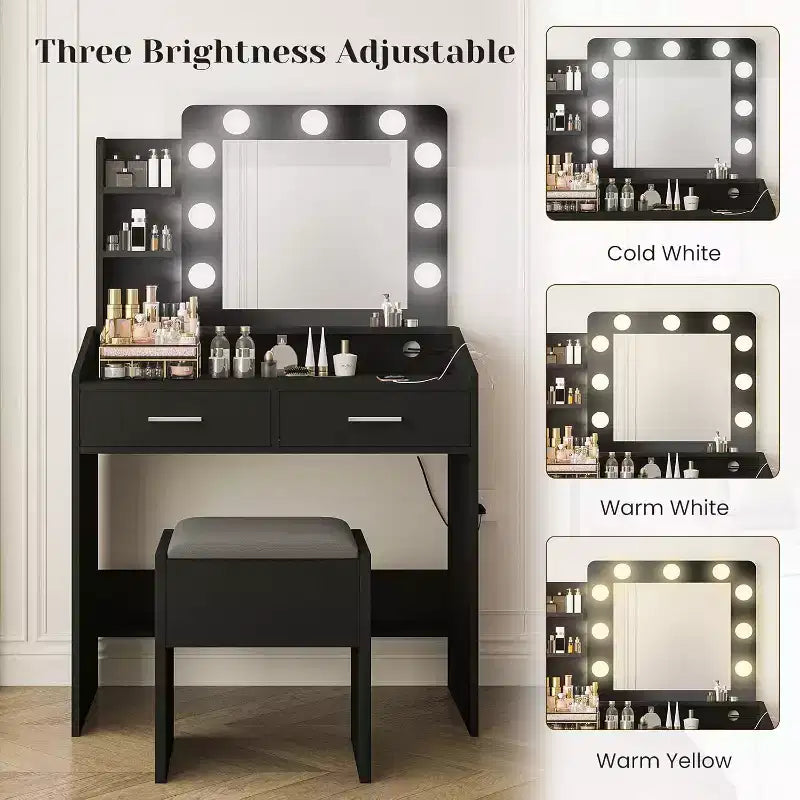 COZONY Coiffeuse de maquillage avec miroir et lumières, Table de coiffeuse avec tiroirs, Étagères ouvertes et Tabouret rembourré, Coiffeuse moderne avec grand rangement