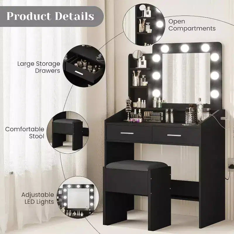 COZONY Coiffeuse de maquillage avec miroir et lumières, Table de coiffeuse avec tiroirs, Étagères ouvertes et Tabouret rembourré, Coiffeuse moderne avec grand rangement