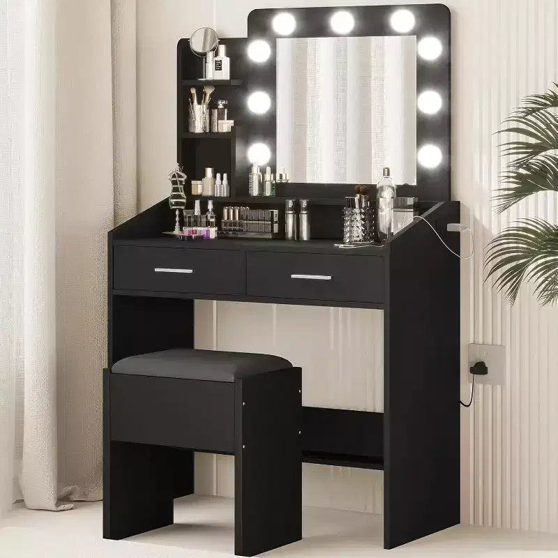 COZONY Coiffeuse de maquillage avec miroir et lumières, Table de coiffeuse avec tiroirs, Étagères ouvertes et Tabouret rembourré, Coiffeuse moderne avec grand rangement