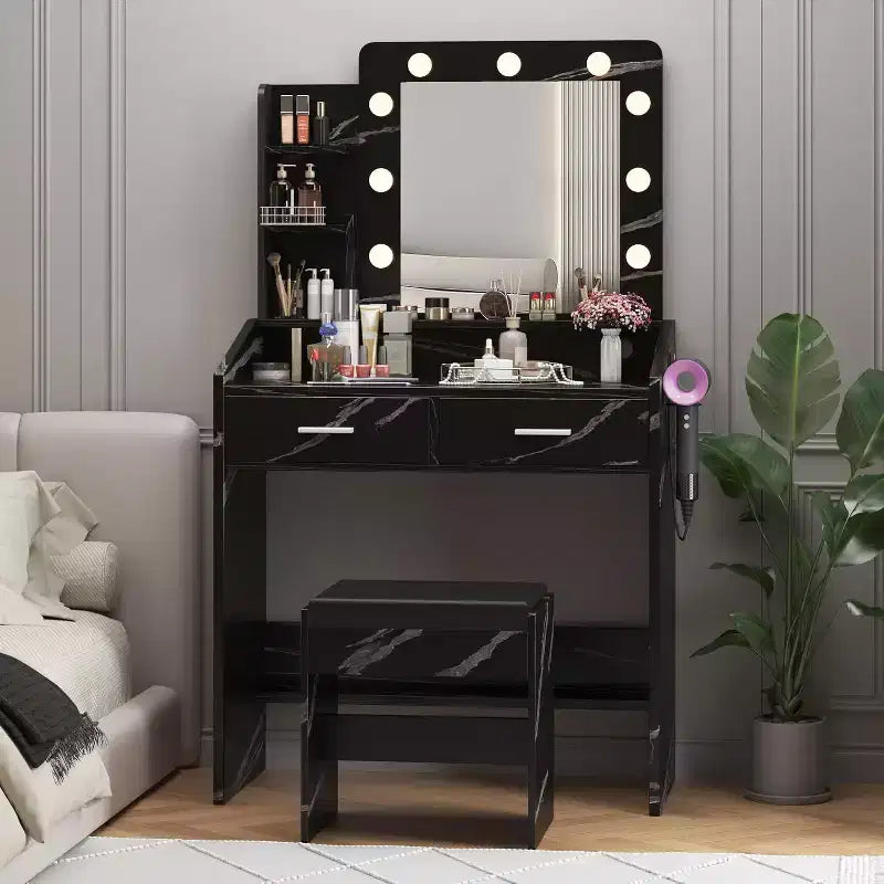 COZONY Coiffeuse de maquillage avec miroir et lumières, Table de coiffeuse avec tiroirs, Étagères ouvertes et Tabouret rembourré, Coiffeuse moderne avec grand rangement