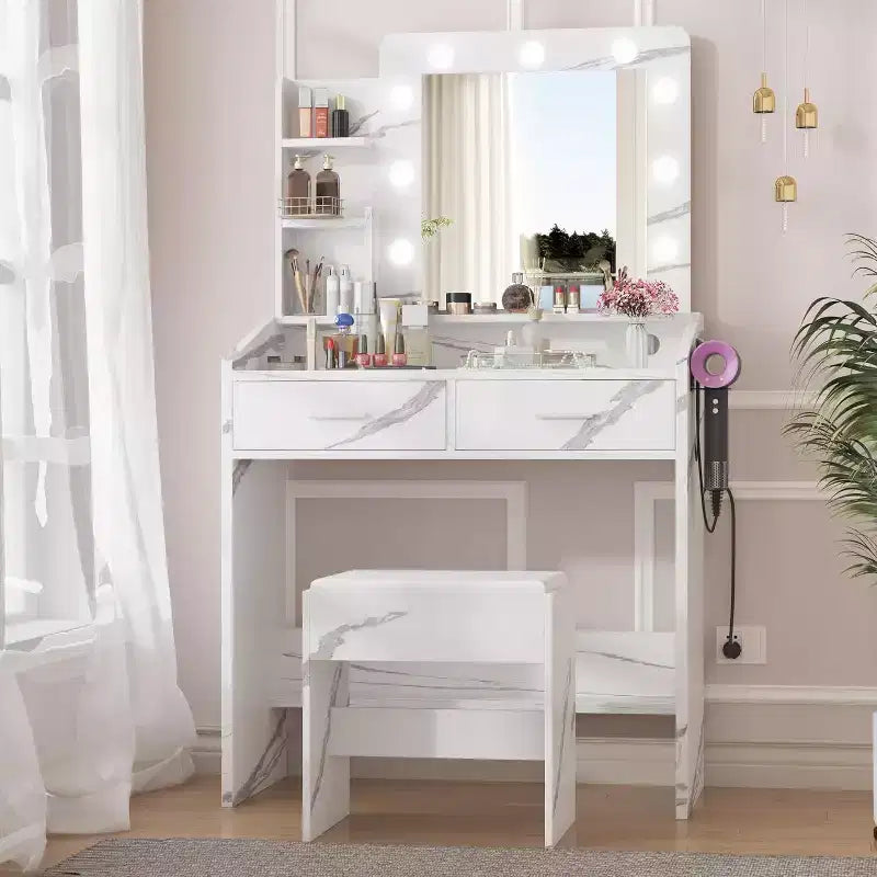 COZONY Coiffeuse de maquillage avec miroir et lumières, Table de coiffeuse avec tiroirs, Étagères ouvertes et Tabouret rembourré, Coiffeuse moderne avec grand rangement