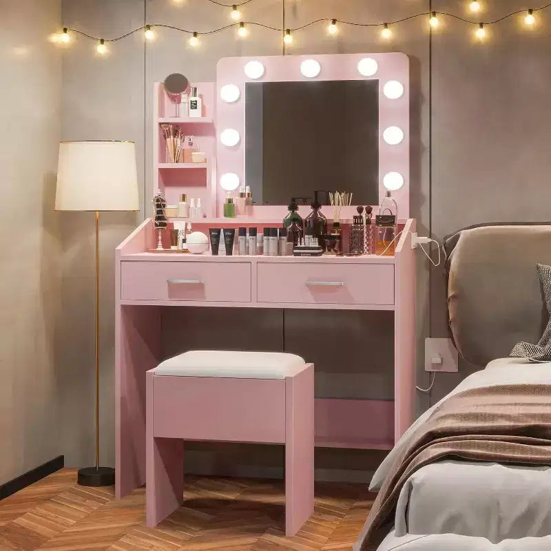 COZONY Coiffeuse de maquillage avec miroir et lumières, Table de coiffeuse avec tiroirs, Étagères ouvertes et Tabouret rembourré, Coiffeuse moderne avec grand rangement