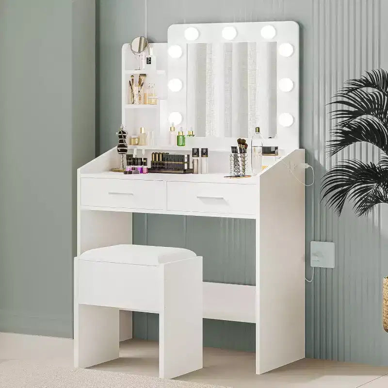 COZONY Coiffeuse de maquillage avec miroir et lumières, Table de coiffeuse avec tiroirs, Étagères ouvertes et Tabouret rembourré, Coiffeuse moderne avec grand rangement