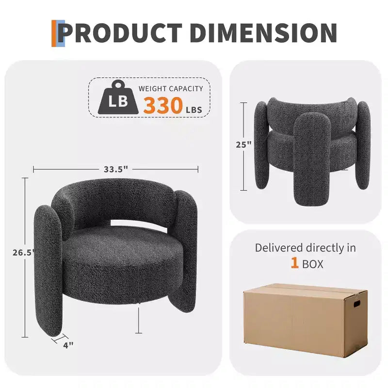Fauteuil moderne en tissu chenille, fauteuil rond confortable avec dossier ouvert et assise latérale à coins arrondis, adapté pour chambre/bureau/café