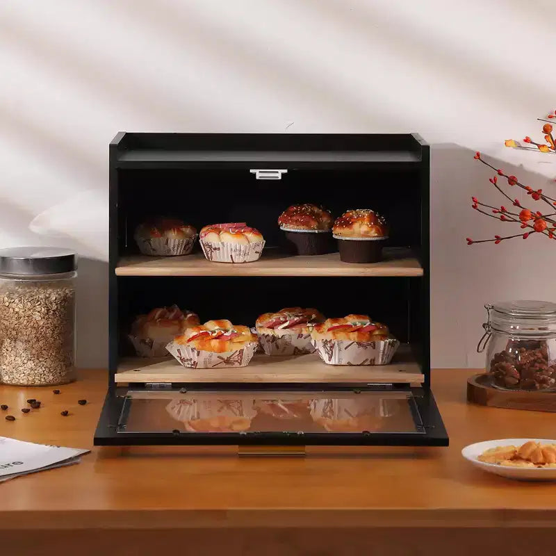 Boîte à pain pour comptoir de cuisine, rangement à pain en bambou à double couche avec fenêtre