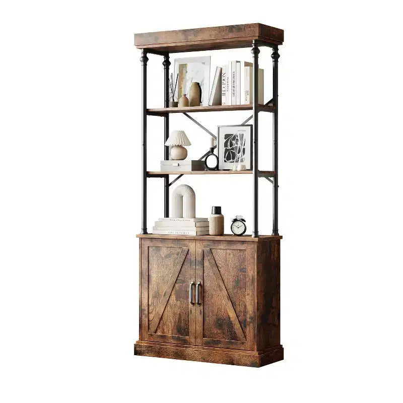 Bibliothèque moderne haute de 73 po avec armoire, bibliothèque en bois à 3 niveaux avec cadre en métal, meuble de rangement autonome pour chambre à coucher, salon, marron