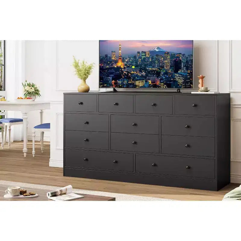COZONY Commode 12 Tiroirs pour Chambre, Commode Haute 61 Tiroirs en Bois, Commode Moderne avec Glissières Métalliques, Grand Rangement pour Salon, Couloir
