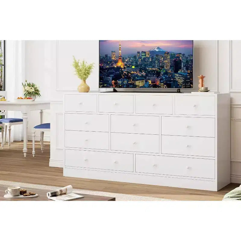 COZONY Commode 12 Tiroirs pour Chambre, Commode Haute 61 Tiroirs en Bois, Commode Moderne avec Glissières Métalliques, Grand Rangement pour Salon, Couloir