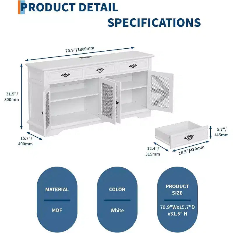 Bahut buffet de ferme, meuble de rangement pour bar à café de 160 cm avec 3 tiroirs, 4 portes et étagères réglables pour la maison, blanc