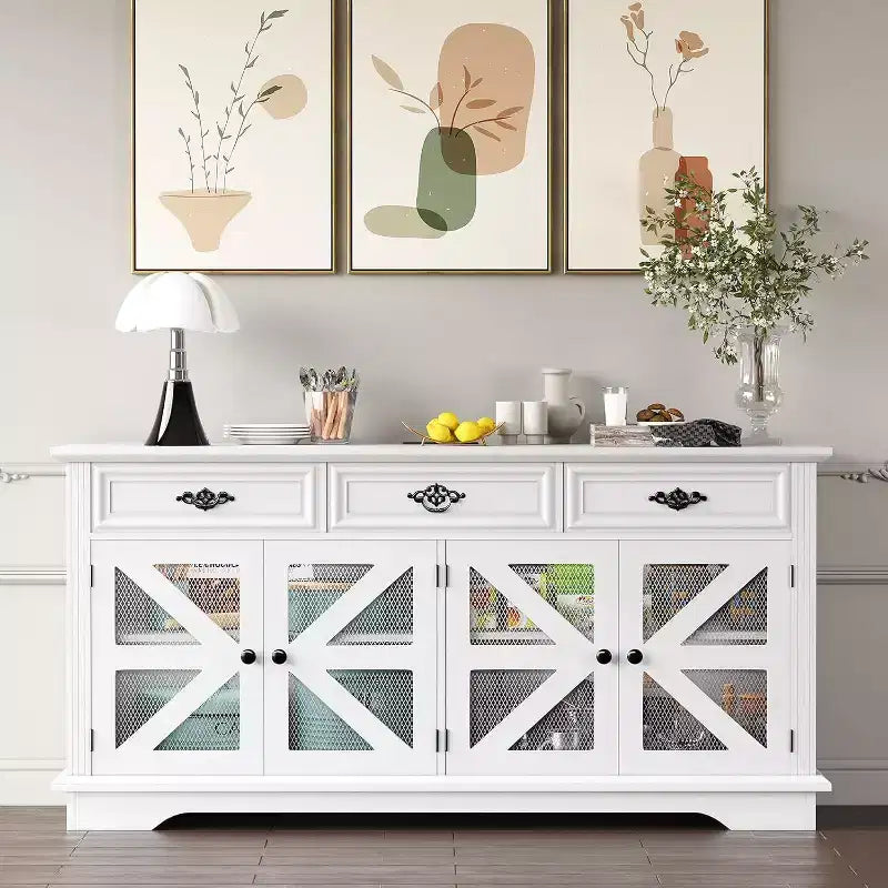 Bahut buffet de ferme, meuble de rangement pour bar à café de 160 cm avec 3 tiroirs, 4 portes et étagères réglables pour la maison, blanc