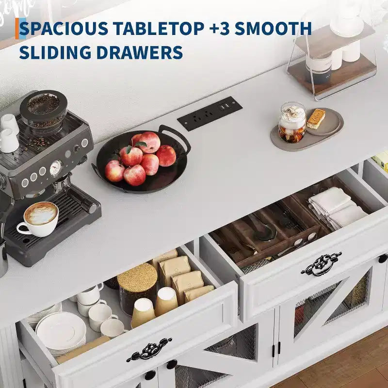 Bahut buffet de ferme, meuble de rangement pour bar à café de 160 cm avec 3 tiroirs, 4 portes et étagères réglables pour la maison, blanc