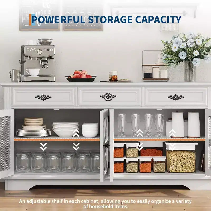 Bahut buffet de ferme, meuble de rangement pour bar à café de 160 cm avec 3 tiroirs, 4 portes et étagères réglables pour la maison, blanc