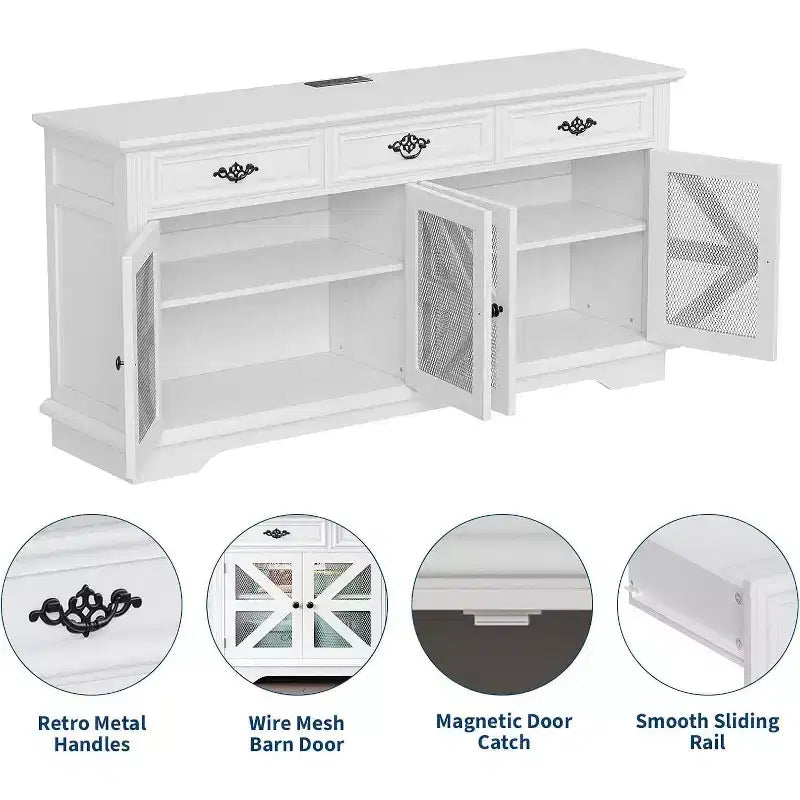 Bahut buffet de ferme, meuble de rangement pour bar à café de 160 cm avec 3 tiroirs, 4 portes et étagères réglables pour la maison, blanc