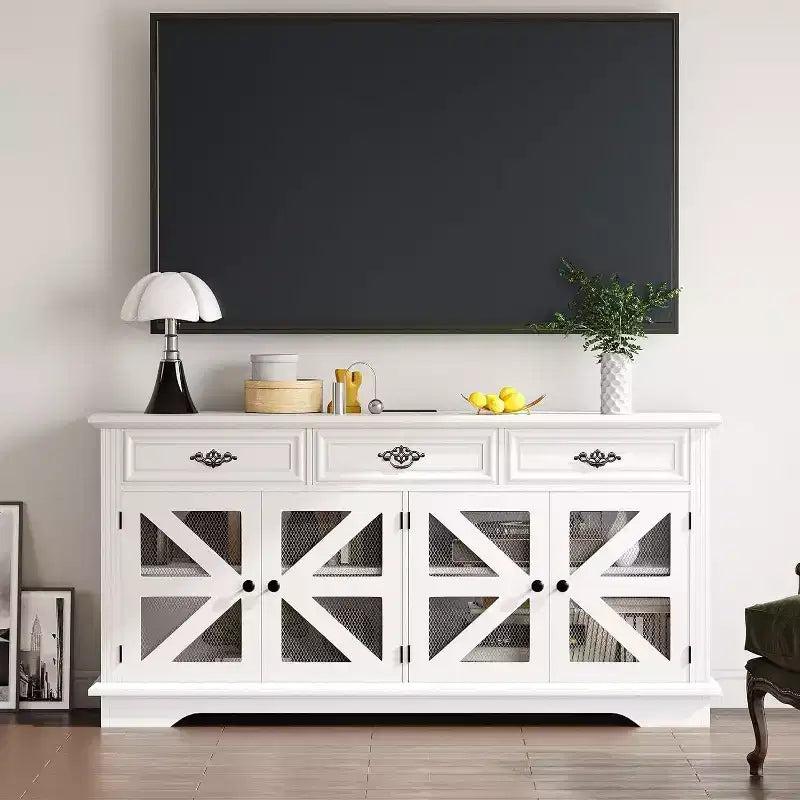 Bahut buffet de ferme, meuble de rangement pour bar à café de 160 cm avec 3 tiroirs, 4 portes et étagères réglables pour la maison, blanc