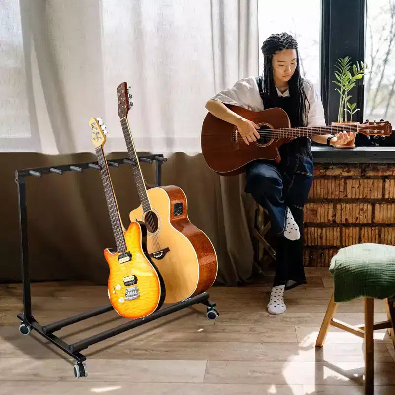 Support de guitare multi-places sur roulettes, support de guitare pliable à 7 emplacements avec rembourrage en caoutchouc antidérapant, support de rangement pour guitares pour la maison, le groupe ou la scène