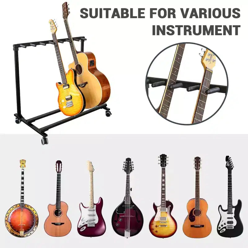 Support de guitare multi-places sur roulettes, support de guitare pliable à 7 emplacements avec rembourrage en caoutchouc antidérapant, support de rangement pour guitares pour la maison, le groupe ou la scène