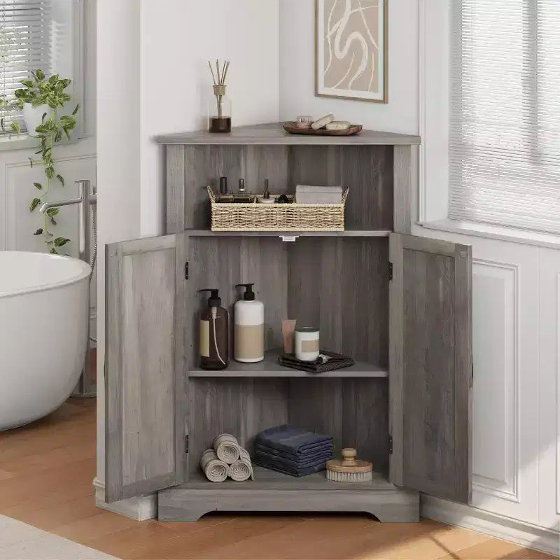 Dcolora Meuble d'angle de salle de bain, Meuble d'angle de sol de style rustique avec porte de grange et étagère réglable