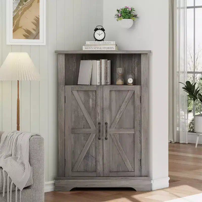 Dcolora Meuble d'angle de salle de bain, Meuble d'angle de sol de style rustique avec porte de grange et étagère réglable