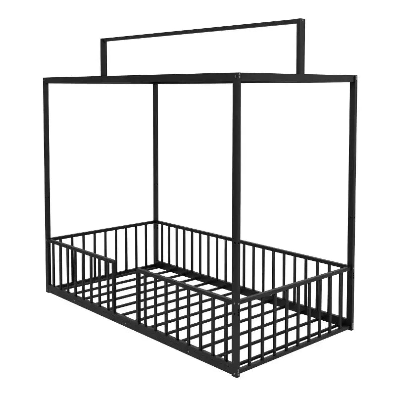 Lit de sol Montessori convertible 3-en-1 de taille jumelle/complète en métal, lit pour tout-petit clôturé, lit plateforme à baldaquin - ModernLuxe