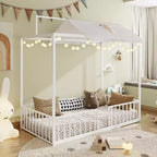 Lit de sol Montessori convertible 3-en-1 de taille jumelle/complète en métal, lit pour tout-petit clôturé, lit plateforme à baldaquin - ModernLuxe