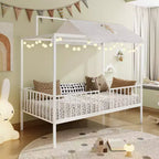 Lit de sol Montessori convertible 3-en-1 de taille jumelle/complète en métal, lit pour tout-petit clôturé, lit plateforme à baldaquin - ModernLuxe