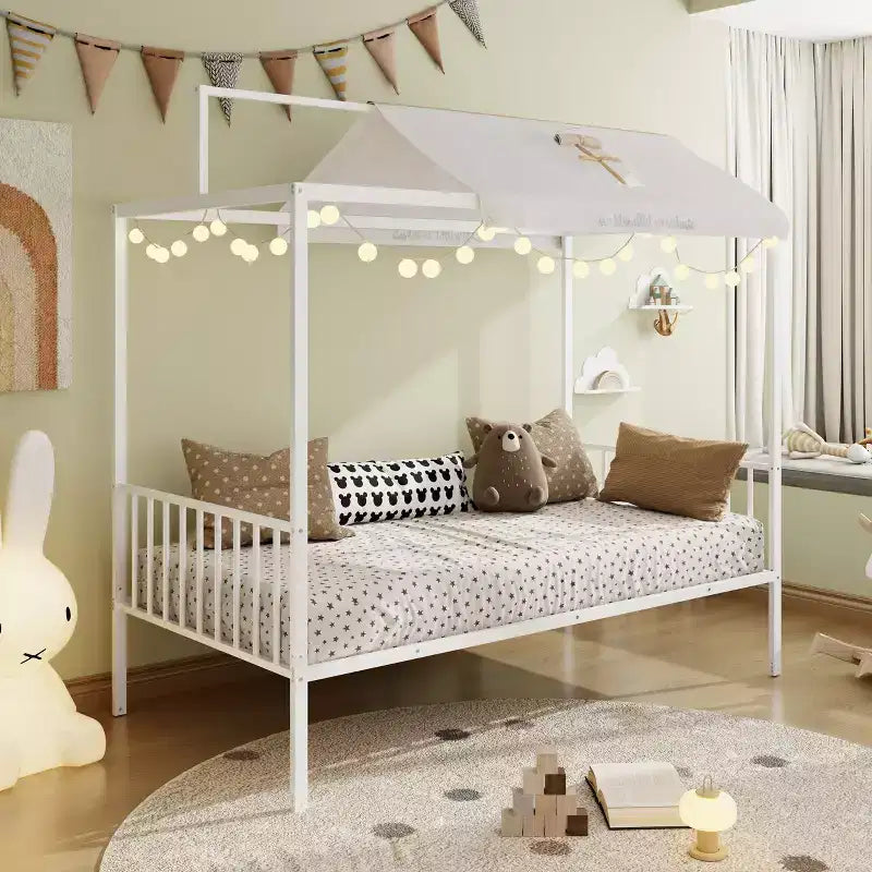 Lit de sol Montessori convertible 3-en-1 de taille jumelle/complète en métal, lit pour tout-petit clôturé, lit plateforme à baldaquin - ModernLuxe