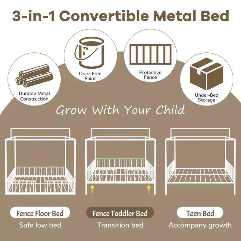 Lit de sol Montessori convertible 3-en-1 de taille jumelle/complète en métal, lit pour tout-petit clôturé, lit plateforme à baldaquin - ModernLuxe