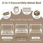Lit de sol Montessori convertible 3-en-1 de taille jumelle/complète en métal, lit pour tout-petit clôturé, lit plateforme à baldaquin - ModernLuxe