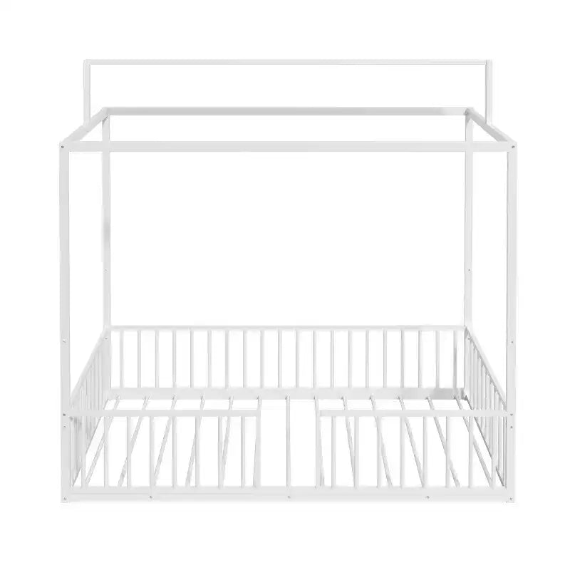 Lit de sol Montessori convertible 3-en-1 de taille jumelle/complète en métal, lit pour tout-petit clôturé, lit plateforme à baldaquin - ModernLuxe