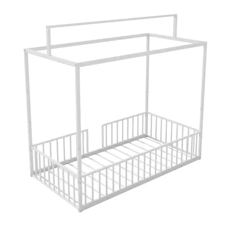 Lit de sol Montessori convertible 3-en-1 de taille jumelle/complète en métal, lit pour tout-petit clôturé, lit plateforme à baldaquin - ModernLuxe