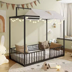 Lit de sol Montessori convertible 3-en-1 de taille jumelle/complète en métal, lit pour tout-petit clôturé, lit plateforme à baldaquin - ModernLuxe
