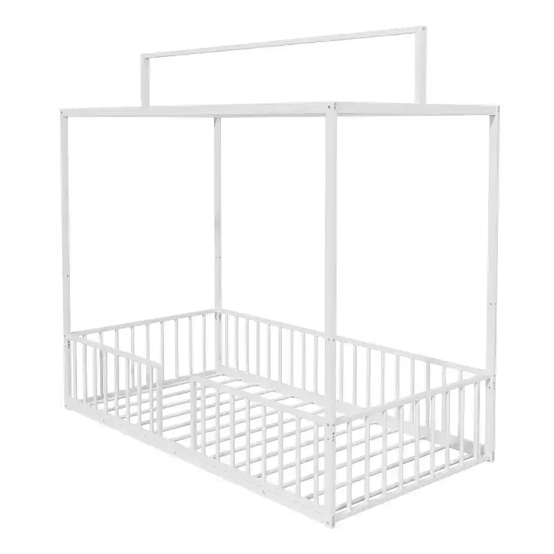 Lit de sol Montessori convertible 3-en-1 de taille jumelle/complète en métal, lit pour tout-petit clôturé, lit plateforme à baldaquin - ModernLuxe