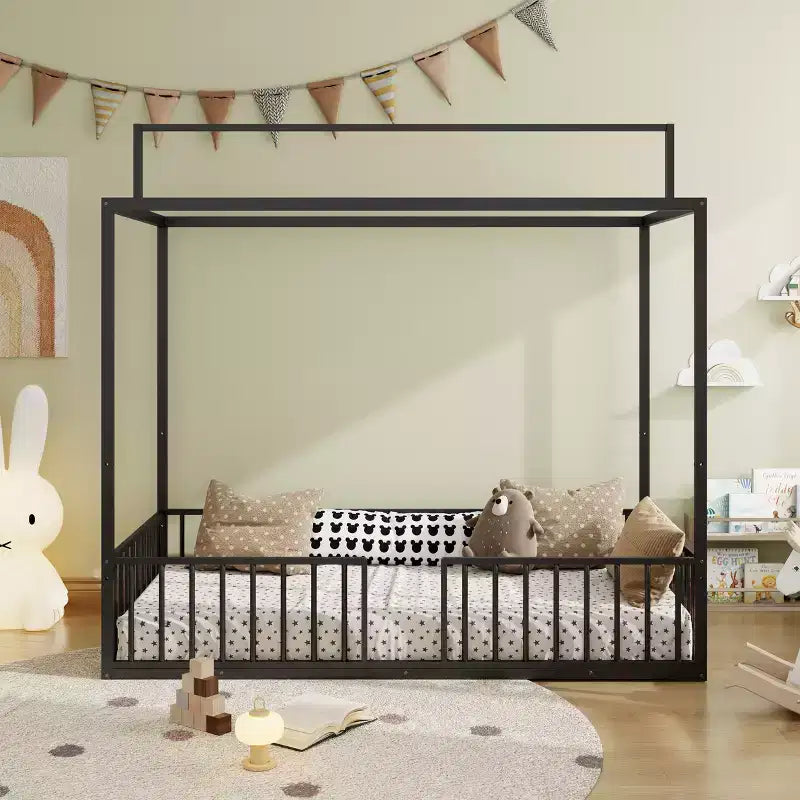 Lit de sol Montessori convertible 3-en-1 de taille jumelle/complète en métal, lit pour tout-petit clôturé, lit plateforme à baldaquin - ModernLuxe