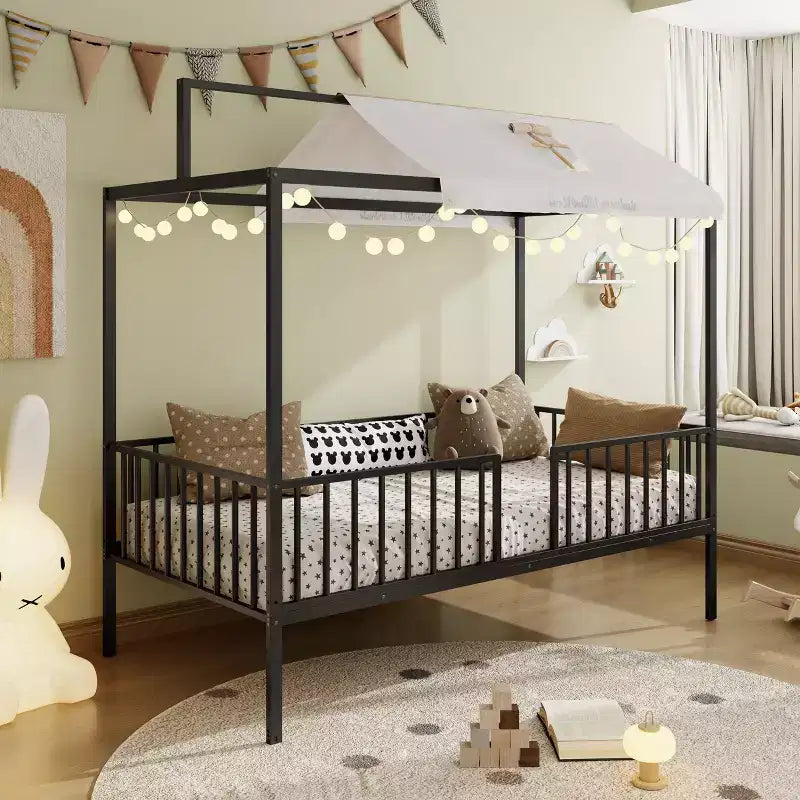 Lit de sol Montessori convertible 3-en-1 de taille jumelle/complète en métal, lit pour tout-petit clôturé, lit plateforme à baldaquin - ModernLuxe