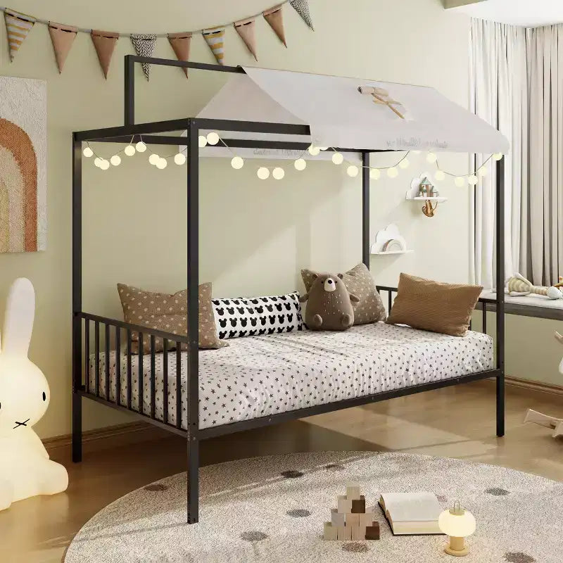 Lit de sol Montessori convertible 3-en-1 de taille jumelle/complète en métal, lit pour tout-petit clôturé, lit plateforme à baldaquin - ModernLuxe